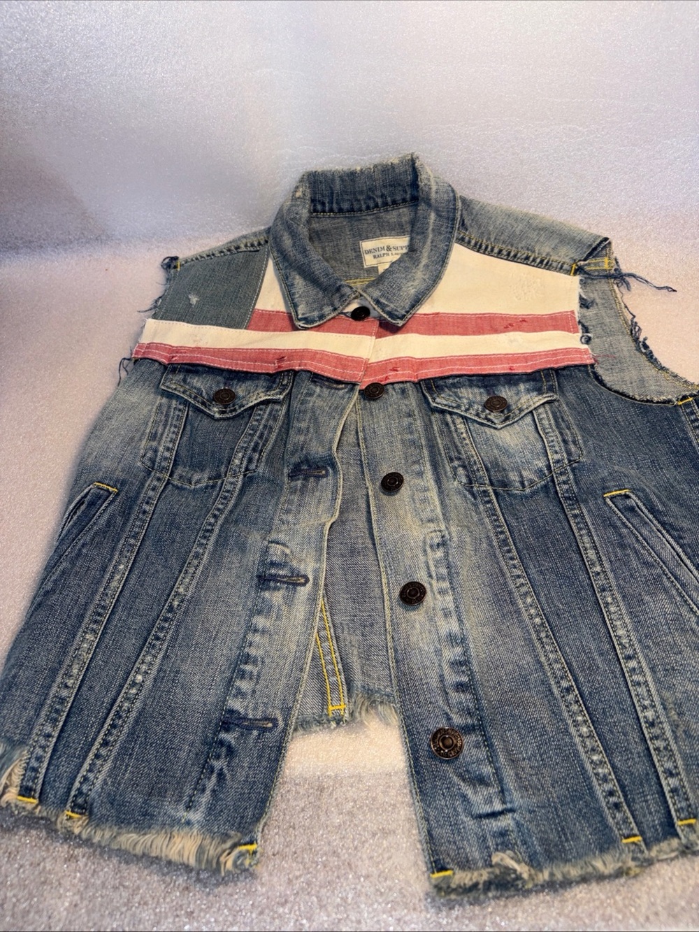 Denim & Supply Ralph Lauren Striped Distressed Denim Vest S